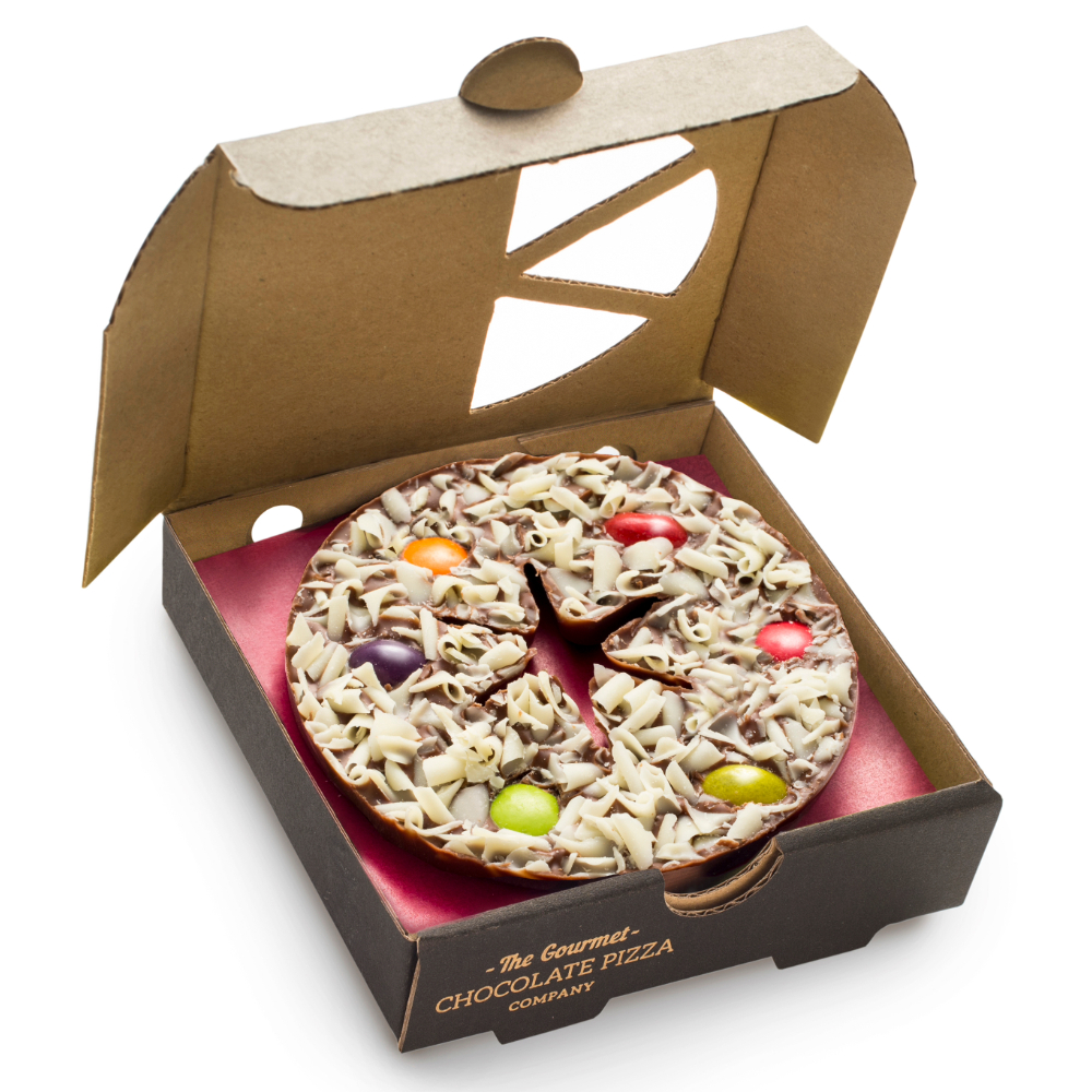Mini Belgian Chocolate Pizza with rainbow chocolate drops, jelly beans and white chocolate curls